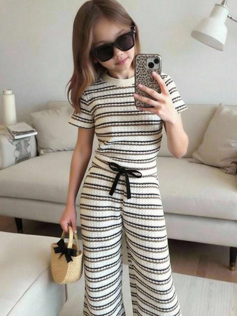 2件套女童条纹针织圆领休闲T恤和修身长裤套装，儿童服装 - 彩色 - 查看 1