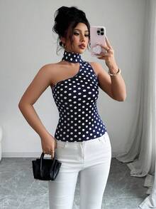 Elenzga Women's Contrast Polka Dot Print Asymmetric Shoulder Tank Top - Royal Blue - View 5