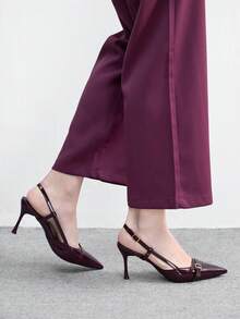CUCCOO BIZCHIC 女士尖头酒红色系带露跟鞋，时尚优雅，简约百搭，通勤必备高跟鞋 - 深酒紅色 - 查看 5