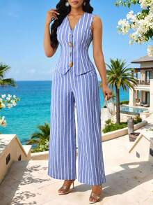 SHEIN Lady Bộ 2 món áo vest kim loại kẻ sọc cài một hàng khuy và quần ống rộng thường ngày cho nữ - Màu xanh lam - Xem 8