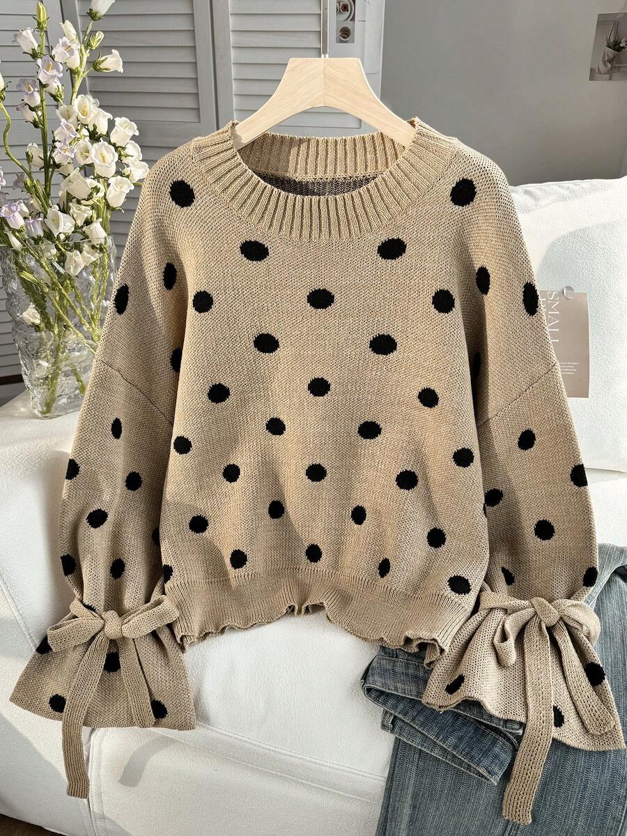 Comfortcana 可爱波点针织圆领毛衣，带蝴蝶结 - 杏色 - 查看 1