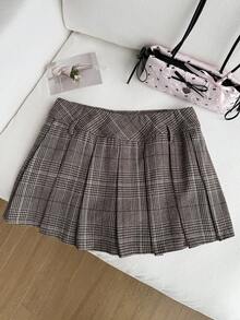 Comfortcana Große Größen Lässig Retro Collegiate Khaki karierter Rock mit Futter - Khaki - Übersicht 7