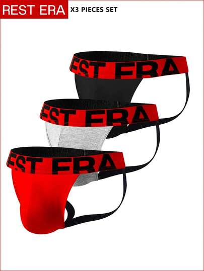 3pcs/Pack Men's Hollow-Out Letter Waistband Thong Underwear, Multi-Color