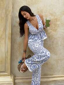 SHEIN Frenchy 女士V领印花扭结荷叶边下摆上衣和阔腿裤休闲两件套 - 彩色 - 查看 6