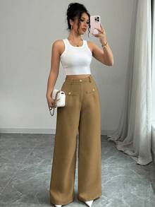 SHEIN Glamour 女士纯色长裤，纹理面料，适合日常穿着、办公和家庭聚会。 - 棕色 - 查看 4