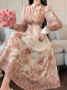 DAZY Women's Elegant Floral Print Stand Collar Midi Dress, Spring/Summer Wedding Guest Dress - Khaki - View 5