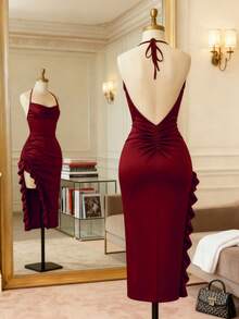 SHEIN Franclia Women's New Spaghetti Strap Backless Waist Pleated Side Ruffle Slit Fitted Mid-Length Dress - Burgundy - View 2