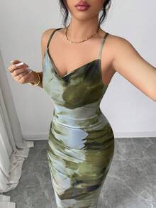 Xyvia 女士奢华晚礼服，扎染印花，垂褶领口，露背吊带裙，适合夏季穿着 - 橄欖綠 - 查看 5
