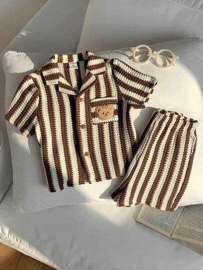 2pcs Baby Boy Cute Summer Casual Striped Knit Polo Shirt And Elastic Waist Shorts Set, Suitable For Birthday Party, Rave, Evening Party, Performance, Wedding, Baby Shower, Christening, 1st Birthday Celebration, Wedding Guest, Baby Shower Christening Outfit