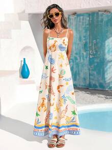 Vivid Eden 女士休闲收腰A字艺术印花无袖沙滩连衣裙，夏季 - 彩色 - 查看 5