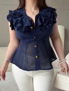 Vibekara Fashionable V-Neck Ruffled Trim Cap Sleeve Fitted Chiffon Blouse For Women, Spring/Summer - Navy Blue - View 6