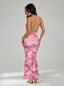 SHEIN PETITE 女士深V领露背扎染印花连衣裙 - 粉色 - 查看 14