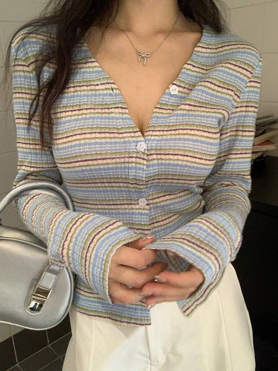 DAZY Women's Casual Striped Single-Breasted Long Sleeve Knit T-Shirt - Blue - View 1