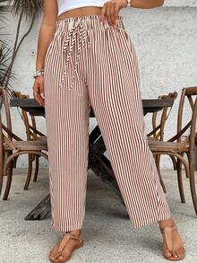 SHEIN VCAY Pantalones holgados de talla grande con cintura elástica y rayas - Marrón - Ver 4