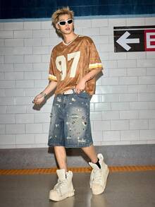 ROMWE MEN Grunge Punk Pantalones cortos de mezclilla con cinturón, con ojales y rotos para hombre - Azul - Ver 7