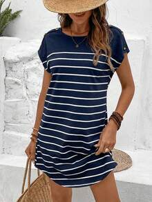 SHEIN Frenchy Đầm ngắn tay cánh dơi in họa tiết kẻ sọc - Màu xanh hải quân - Xem 3