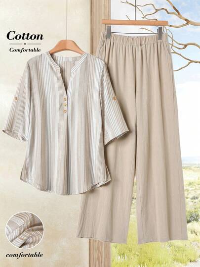 Rusticease Women's Striped V-Neck Short Sleeve Top And Wide Leg Pants Casual Outfit Cotton Khaki Striped Short-Sleeved Top And Pants Set Summer Outfit For Women Spring Clothes Women Going Out Outfits Elegant Women's Set Holiday Outfits For Women Elegant Women's Set