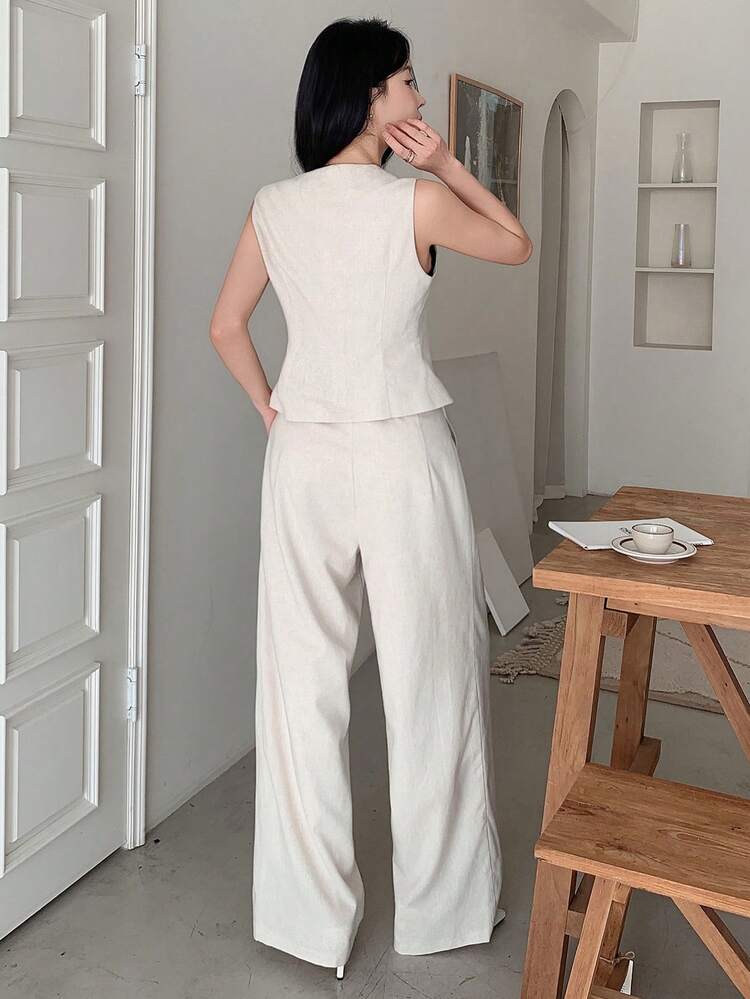 2pcs Women V-Neck Sleeveless Top And Pants Set Summer