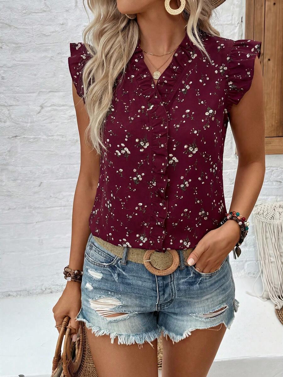 SHEIN LUNE Women's Casual Ditsy Floral Shirt For Vacation - Red - View 1