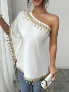 SHEIN Elenzya Women's Casual Elegant Lace Patchwork One Shoulder Blouse, Summer - Apricot - View 4