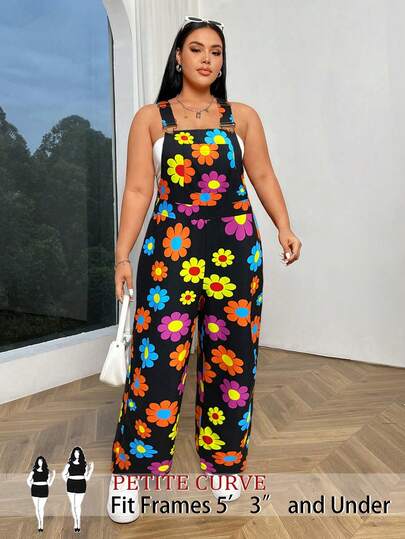 SHEIN PETITE CURVE 大码女式休闲度假通勤印花连体裤，夏季