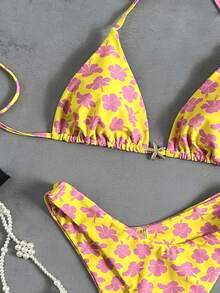 Swim Mod 女士热带波点印花荷叶边两件式比基尼套装，侧边系带，可爱沙滩度假休闲比基尼套装 - 彩色 - 查看 4