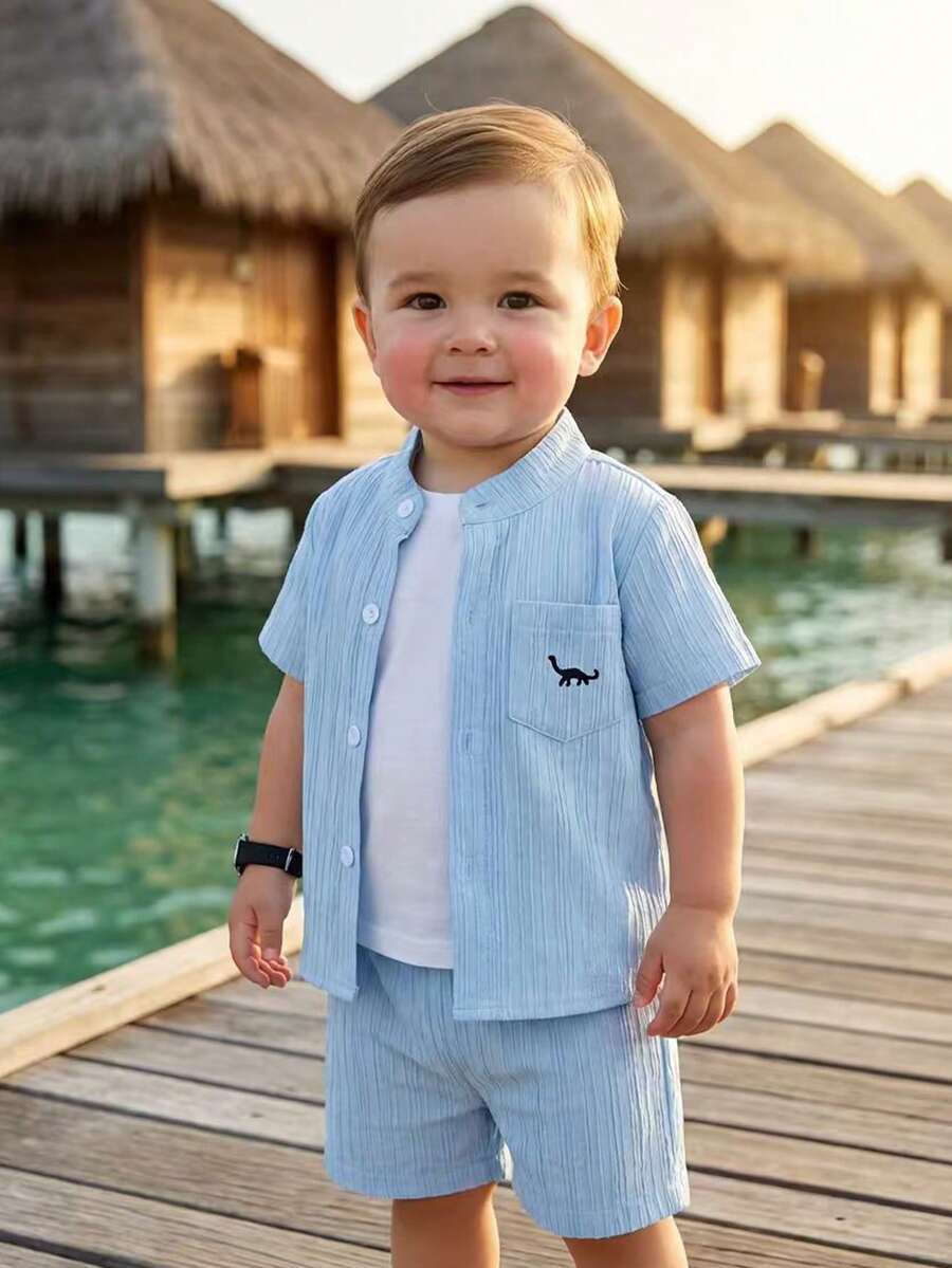 2pcs Baby Boy Casual Textured Dinosaur Pattern Mandarin Collar Short Sleeve Shirt Shorts Set, Infant Clothing, Children Outfit, Baby Top Bottoms, Suitable For Daily Wear, Party, Summer Summer Clothes For Baby Boys Baby Boy Vacation Clothes Boy Summer Clothes Baby Boys Sets Boys Outfit Sets Baby Summer Baby Beach Clothes Boy - Mint Blue - View 1