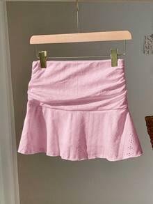 Comfortcana Pink Hollow Textured Ruched A-Line Mini Skirt - Pink - View 5