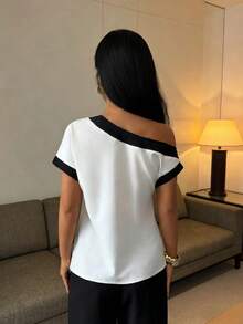 Rafferiza New Oblique Shoulder Short Sleeve Slimming Women Blouse, Spring/Autumn - Multicolor - View 2