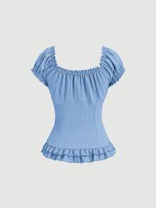 Sweetra Women's Summer Solid Color Ruffle Hem Tie Waist Short Sleeve Blouse - Baby Blue - View 2