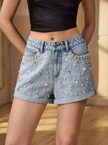 Selenza Shorts vaqueros de verano con decoración de perlas en color azul claro para mujer - Azul - Ver 3