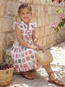 SHEIN Tween Girl White Summer Boho Floral Print Dress, Tween Girl Button Front Cutout Collar Ruffle Hem Vintage Casual Dress For Vacation, Holiday Easter Clothes - White - View 4