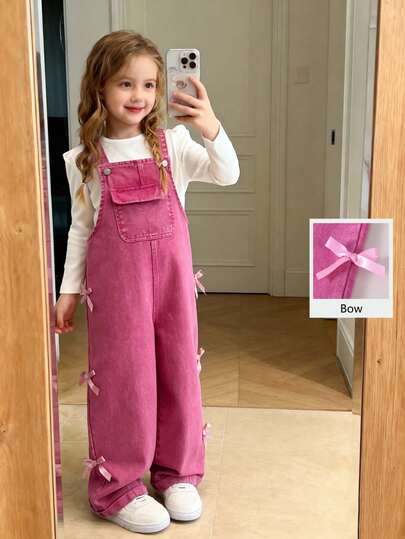 Young Girls' Vintage Fuchsia Bow Decor Loose Straight Leg Denim Overalls, Soft & Comfortable Fabric, Casual & Versatile, Girls Jeans