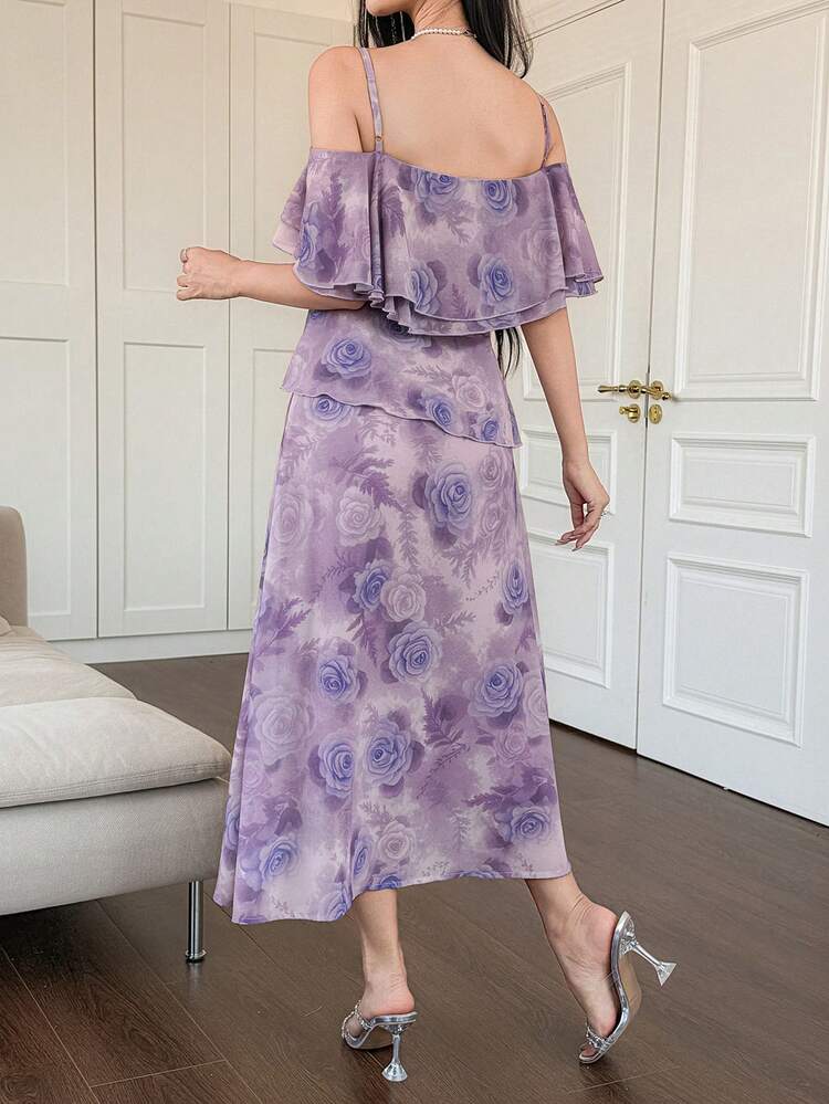 Women's Elegant Floral Ruffle Asymmetric Open Shoulder Midi Dress, Summer Wedding Guest Dress Sundress Boho