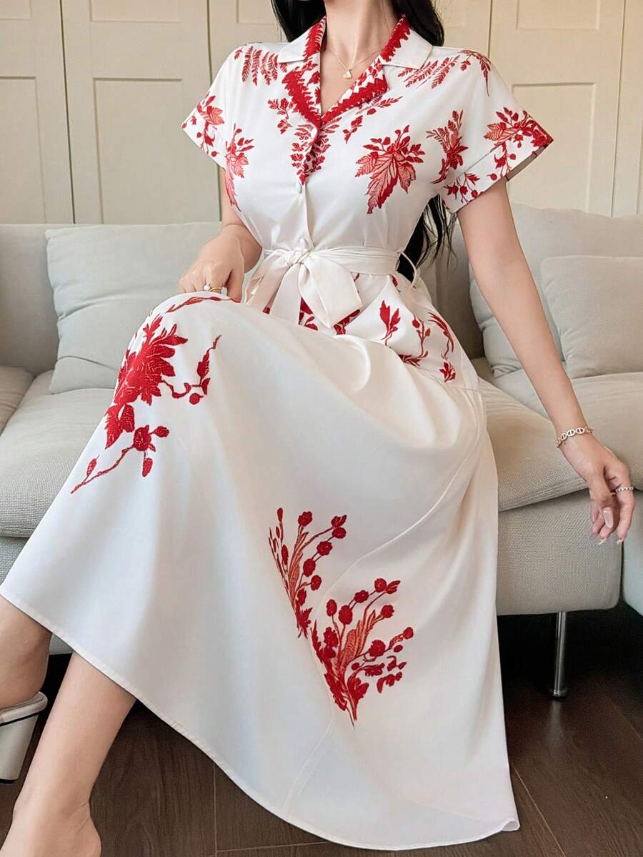 DAZY 女士优雅印花系带中长连衣裙，配西装领，夏季婚礼宾客礼服 - 紅色 - 查看 1
