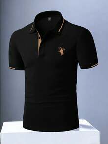 Manfinity Homme 男士撞色印花短袖Polo衫 - 黑色 - 查看 3