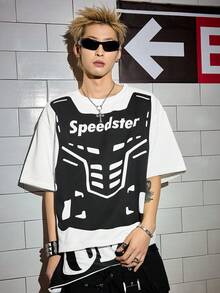 ROMWE MEN Street Life 男士功能性仿马甲印花圆领短袖休闲T恤 - 黑與白 - 查看 5