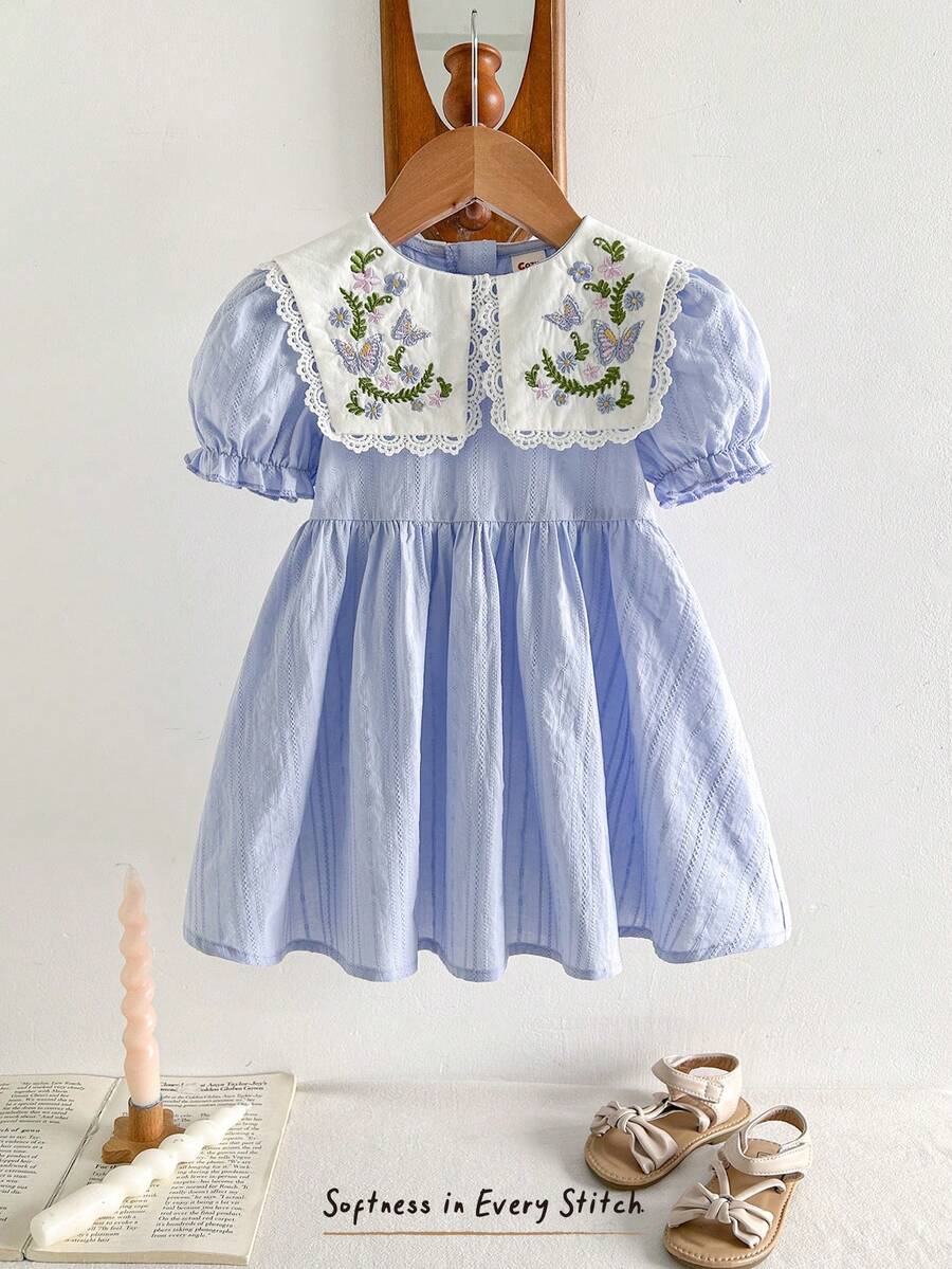 Cozy Pixies 女婴碎花印花领泡泡袖收腰连衣裙 - 藍色 - 查看 1