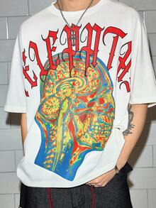 ROMWE MEN Grunge Punk Camiseta de manga de murciélago con cuello redondo y estampado de personaje de moda para verano para hombres - Gris - Ver 10