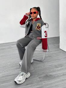 SHEIN 2pcs Tween Girl Contrast Patchwork Letter Bear Hooded Bomber Jacket And Pants Set, Streetwear - Multicolor - View 8