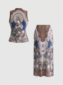 ROMWE Avant Spring/SummergraphicElegant 2-Piece Set: Chinese Style Buddha Painting Print Mandarin Collar Sleeveless Top And Skirt - Multicolor - View 8
