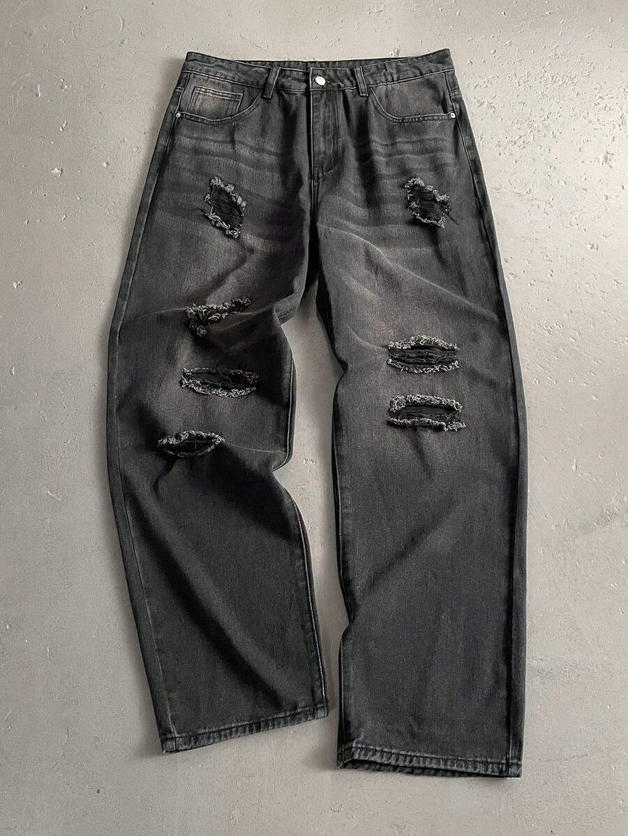 StoneGrade Men's Button Front Pocket Distressed Casual Jeans, Grunge - Black - View 1