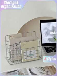 1pc Modern Minimalist Metal Book Shelf With 3 Storage Baskets, School Stuff ,Nordic Style Rectangular Magazine & Newspaper Organizer Box For Home Office Decor - Multicolor - View 2