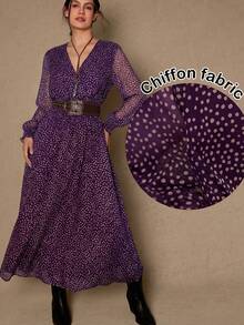 Freevana Plus Size All-Over Print V-Neck Elegant Long Sleeve Dress - Purple - View 1