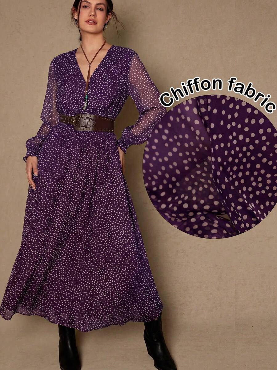 Freevana Plus Size All-Over Print V-Neck Elegant Long Sleeve Dress - Purple - View 1