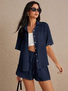 Poéselle Summer Two Pieces Set, Beach Two Pieces Set, Fabric, Striped Fabric, Cuffed Sleeves, Shorts With Side Pockets, Suitable For Vacation, Loose Loose Shirt Set, Wedding Season Navy Blue Short Set Women Short Sleeve Short Set Short And Shirt Set Women Short Sets For Women Vacation Casual Short Set Two Pieces Short Set Women's Short Sets Matching Short Sets - Navy Blue - View 4