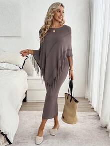 Louniche Hollow Out Design Poncho Shawl Fringe Cape Sexy Casual Sleeveless Dress Sweater Two Pieces Set For Women, Spring/Summer - Grey - View 6