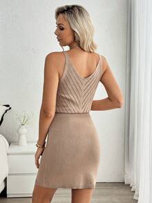 Louniche Elegant Fitted Perforated Texture Women's Knit Camisole Dress, Spring/Summer - Khaki - View 2