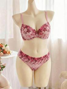 SHEIN Esselle Plus Size 2 Pieces Embroidered Sexy Bra And Panty Lingerie Set For Women, Lift - Pink - View 1