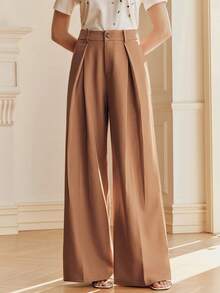 Anewsta Spring New High-End Pleated Slimming Straight-Leg Pants, Women's Wide-Leg Suit Pants - Mocha Brown - View 1